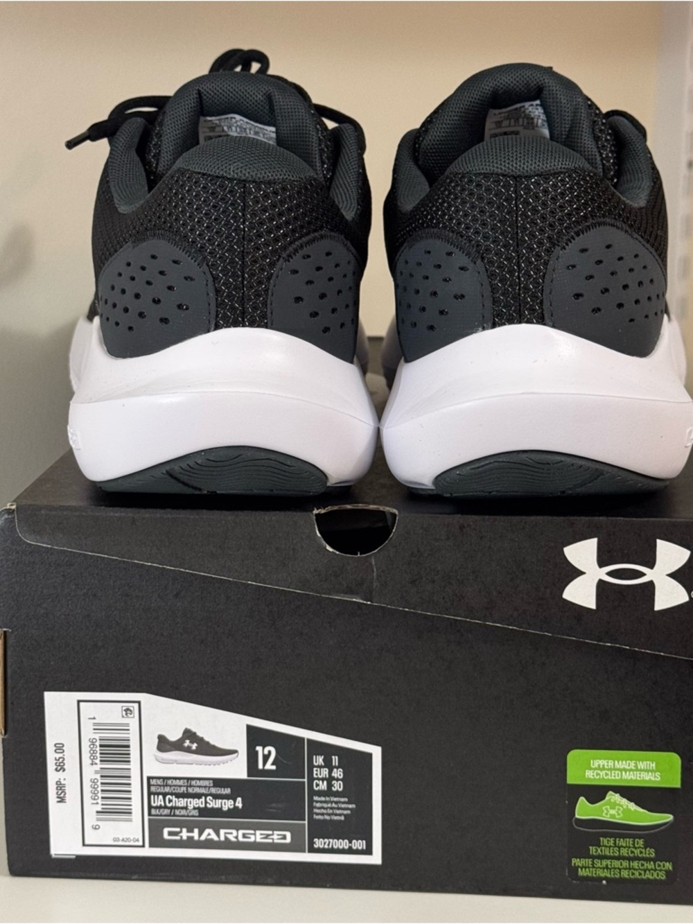 Under Armour Charged Surge 4 Men's Black Grey Running Shoes Size 12 - Picture 5 of 7